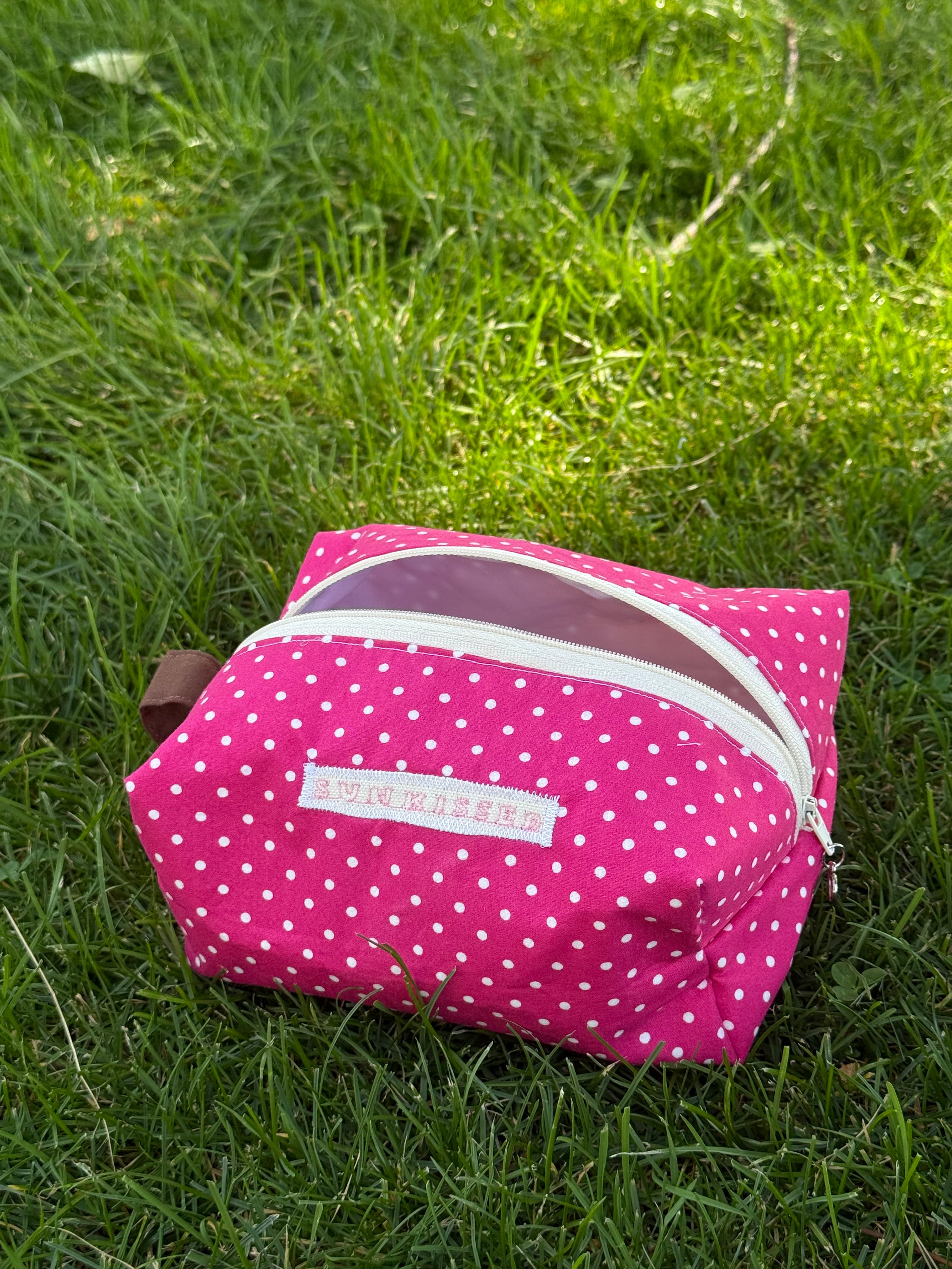 Pink polka dot makeup bag