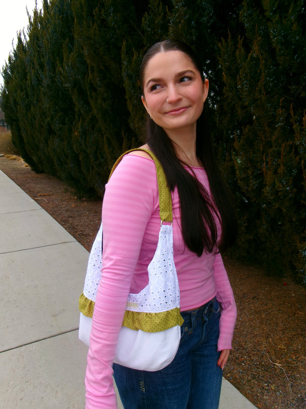 Green polka dot ruffle tote