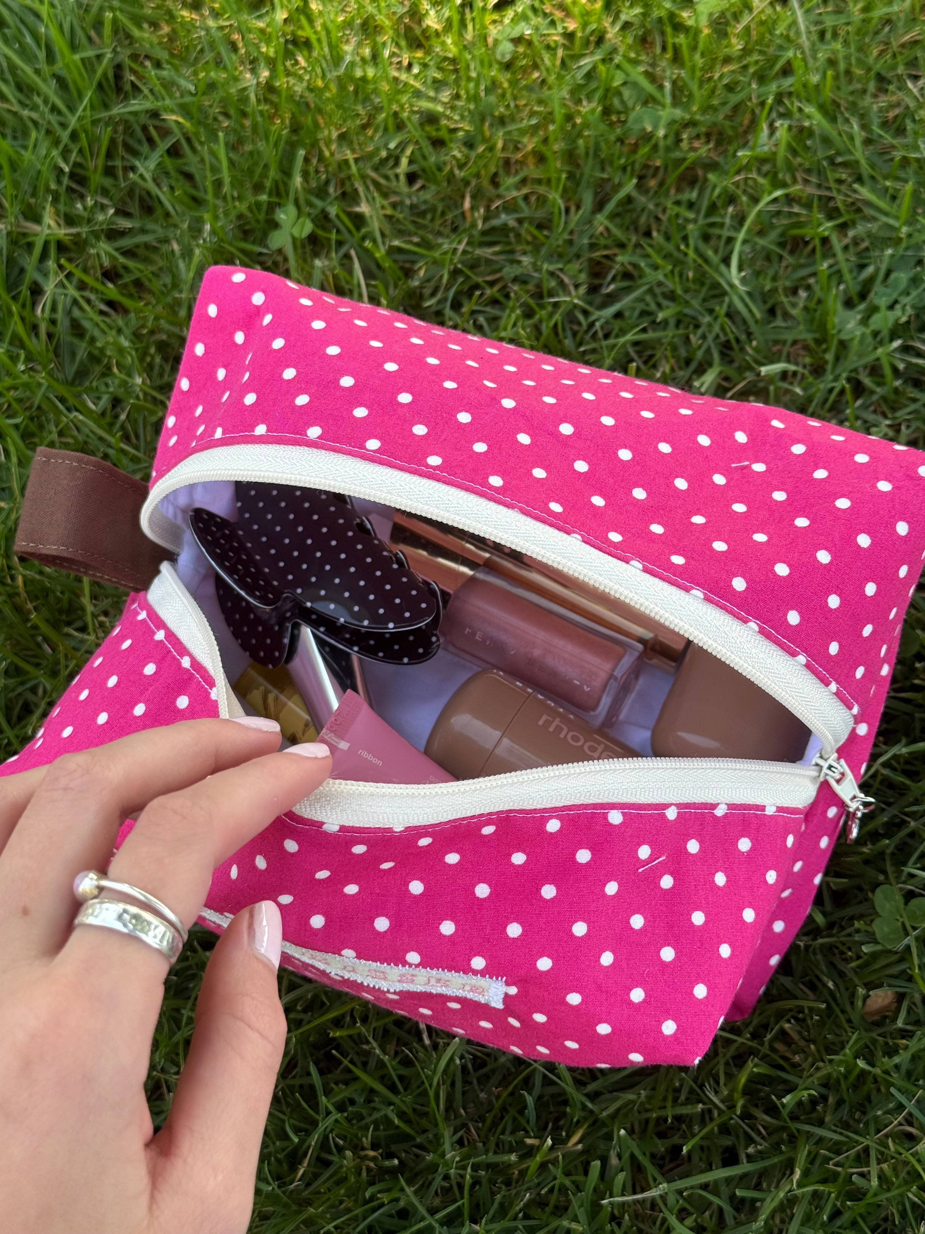 Pink polka dot makeup bag