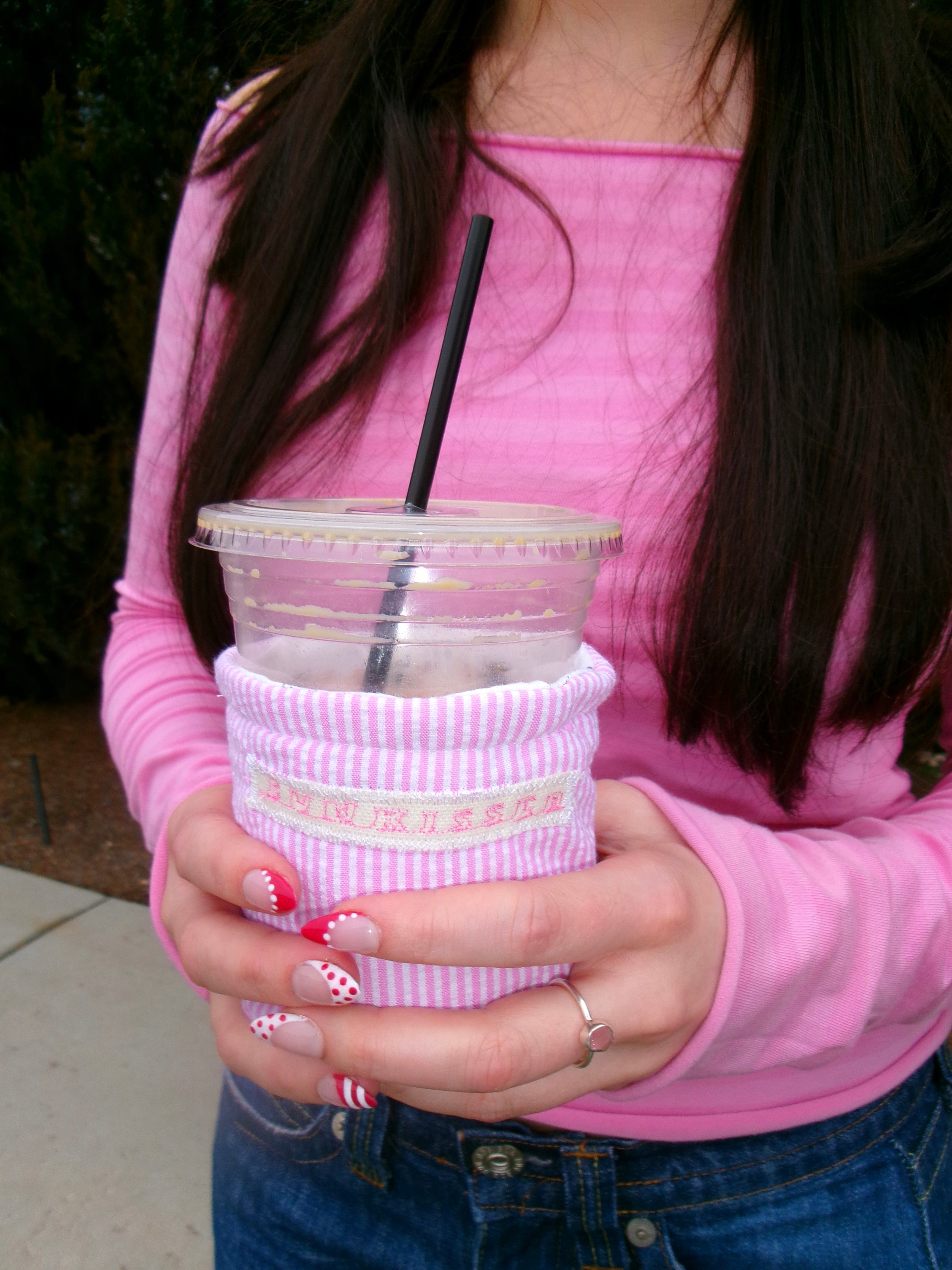Pink striped coffee koozie