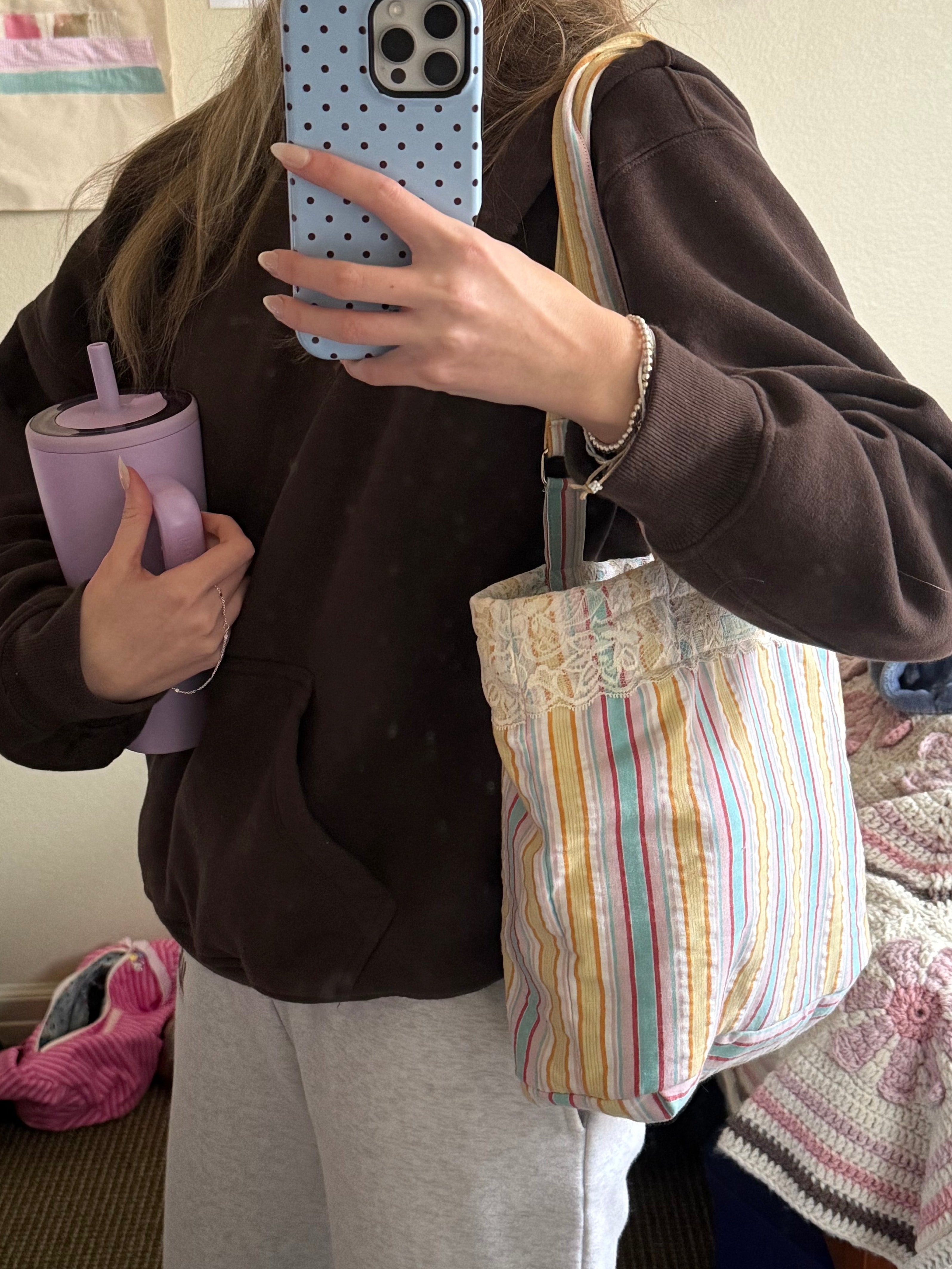 Striped lace tote bag