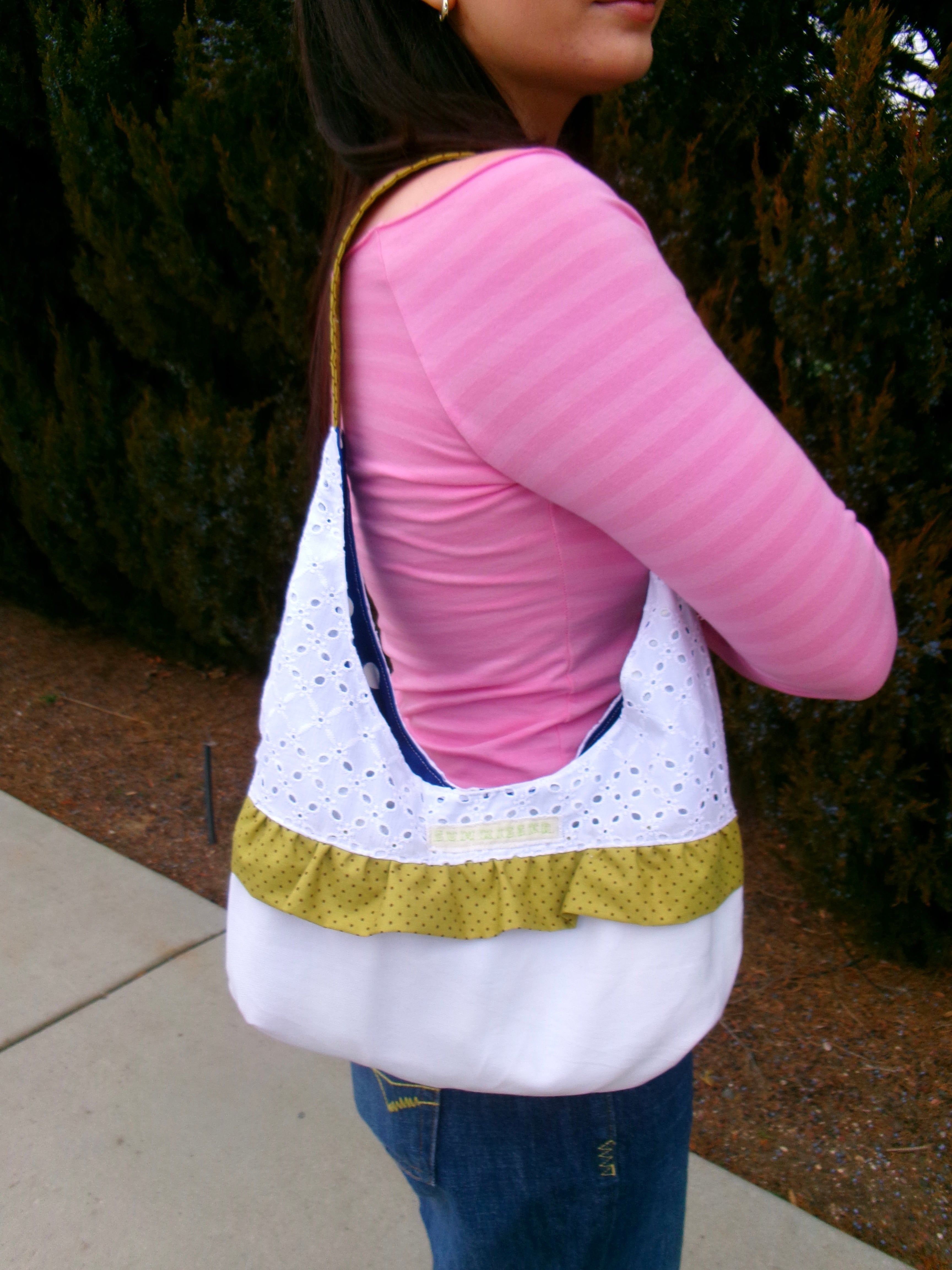 Green polka dot ruffle tote