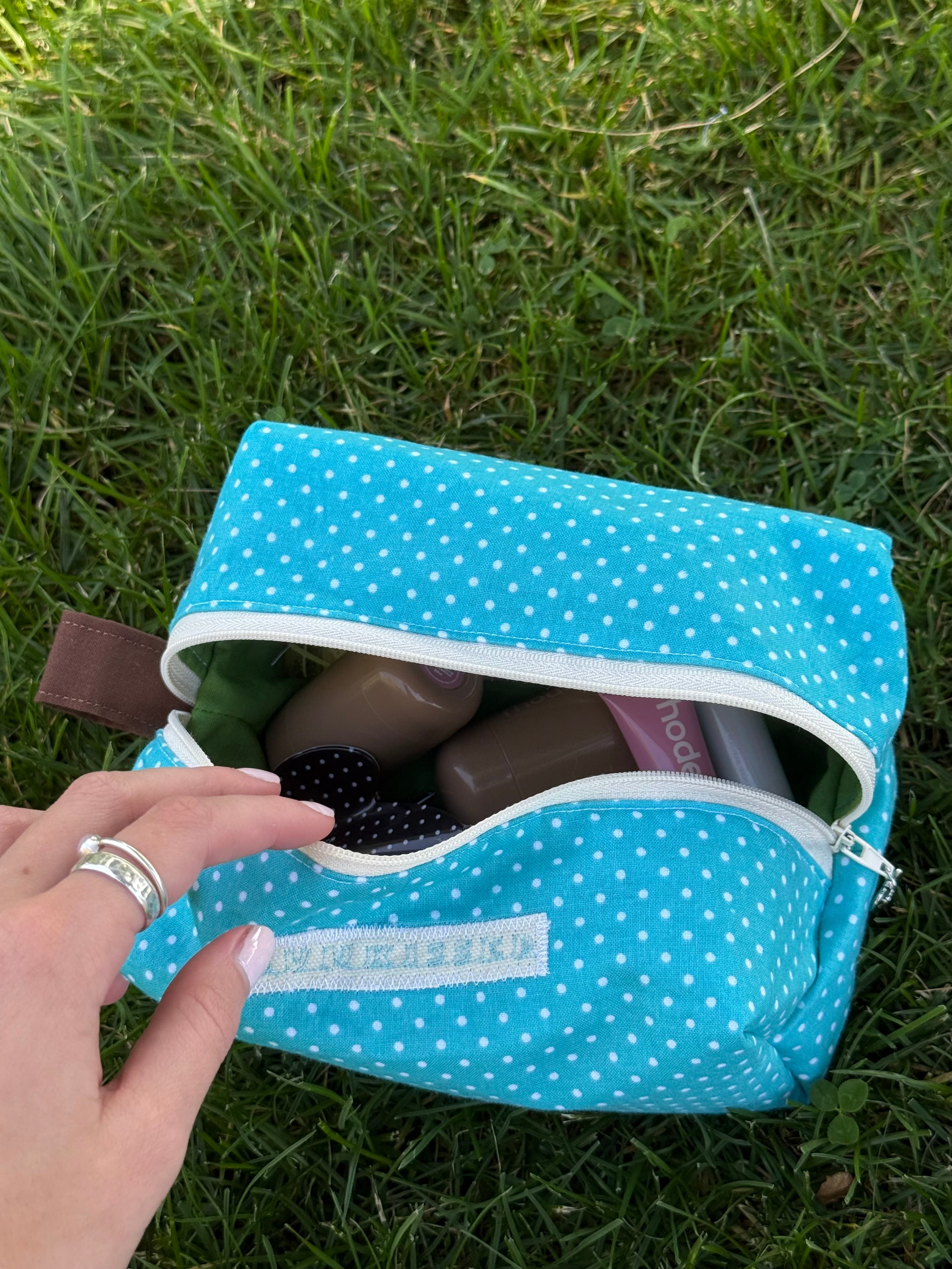 Blue polka dot makeup bag