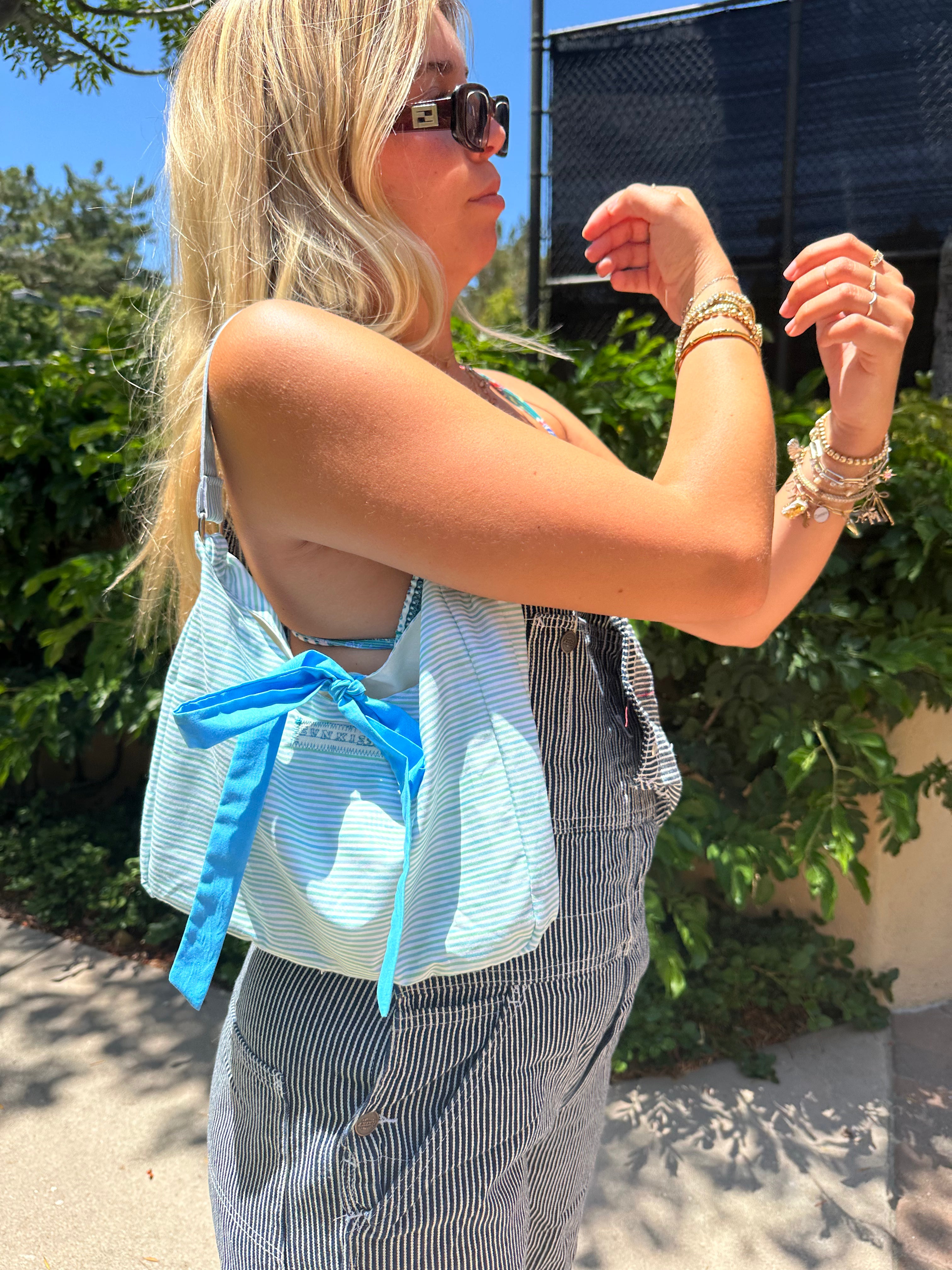 Blue striped bow bag