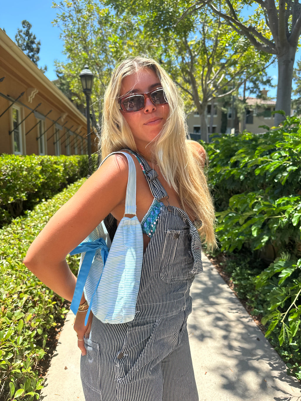 Blue striped bow bag